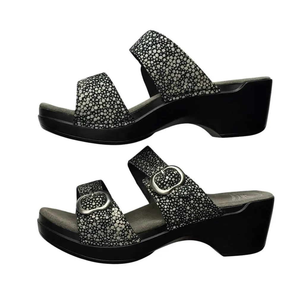 Dansko Sophie Sandals Black Two Strap Buckle Slide Clog 38 Dark Gray Speckle